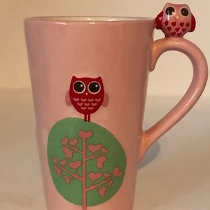 PINK OWL TALL COFFEE MUG WITH OWL ON HANDLE